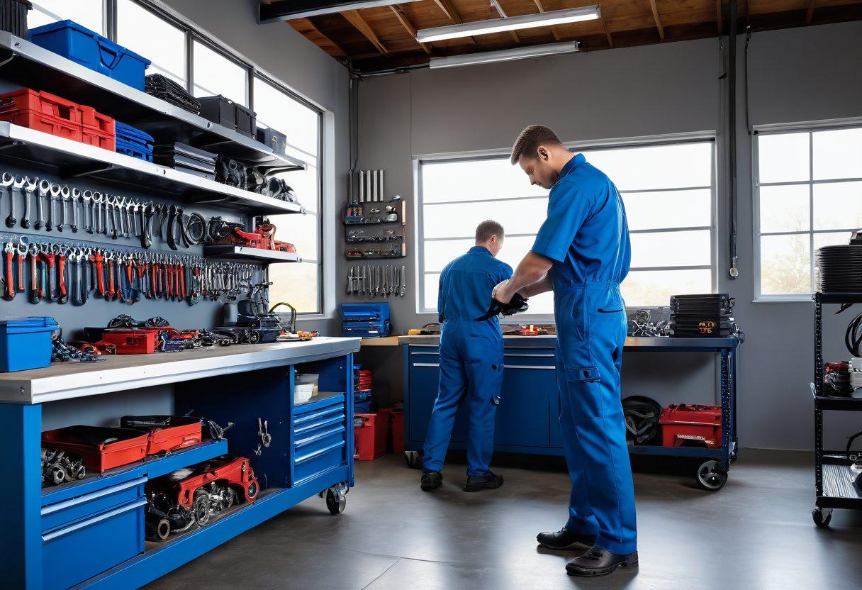 A mechanic surrounded by a clean, organized garage filled with high-quality auto parts, working on a car with a look of satisfaction. Include a bright window showing a sunny day outside, symbolizing peace and contentment. Tools and parts are neatly arranged, emphasizing efficiency. Illustrate a sense of harmony between the mechanic and the environment. super-realistic. vibrant colors.
