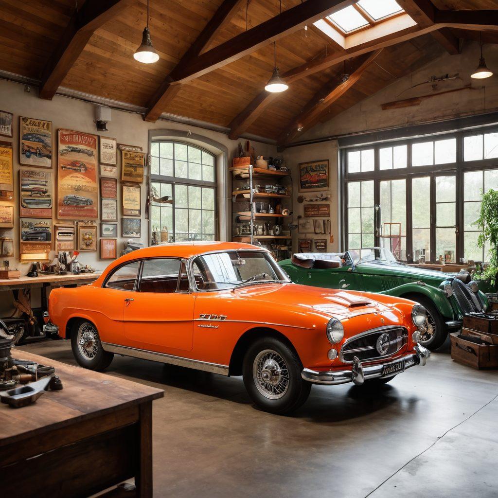 An intricately designed garage with a vintage car being lovingly restored, surrounded by shiny, well-organized tools and parts. Elevated mood with hints of joyful mechanics discussing maintenance tips, while sunlight filters through the windows, casting a warm glow. Colorful posters of vintage vehicles adorn the walls. super-realistic. vibrant colors. bright atmosphere.