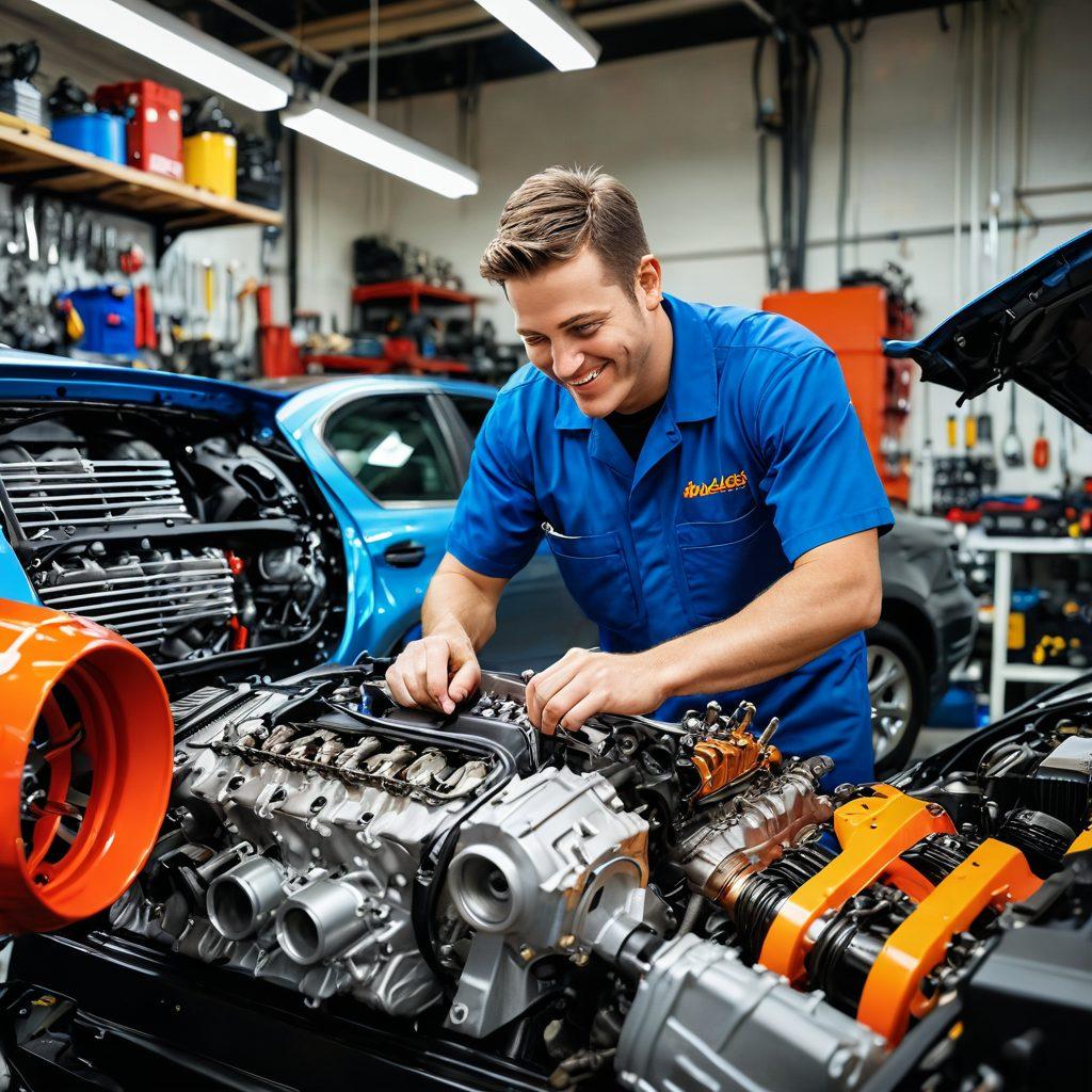 A dynamic scene featuring an automotive technician with a vibrant smile, working on an engine, surrounded by various car parts and tools, conveying joy and expertise. Bright workshop lighting enhances the atmosphere, while a diverse group of technicians collaborates in the background. Exude a sense of community and passion for vehicles. super-realistic. vibrant colors. white background.